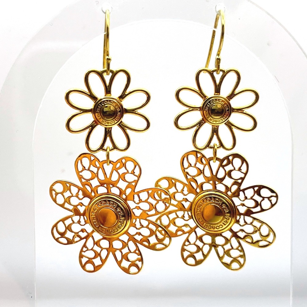 Coach Gold Tone Double Daisy Drop Filigree Earrings Floral Statement Jewelry